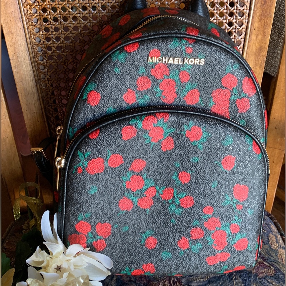 Michael Kors,🌹🎄Abbey Red Rose 🎁 Floral💖Black leather backpack